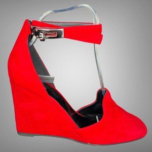 Hermes Lovely Sandal Double Strap Kelly Clasp Pimento Red Goatskin Suede EU 37